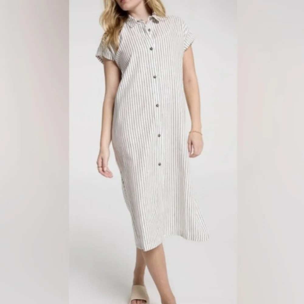 CALIA Womens L‎ Swim Dress Coverup Striped Linen Blend Button Down Shirt Dress